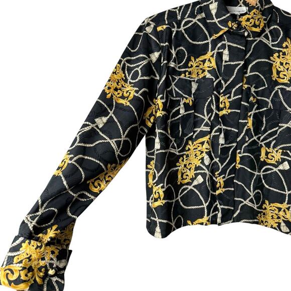 Vintage Pierre Cardin Black Gold Printed Button Up Blouse Cropped Long Sleeve, 6 - Picture 7 of 11